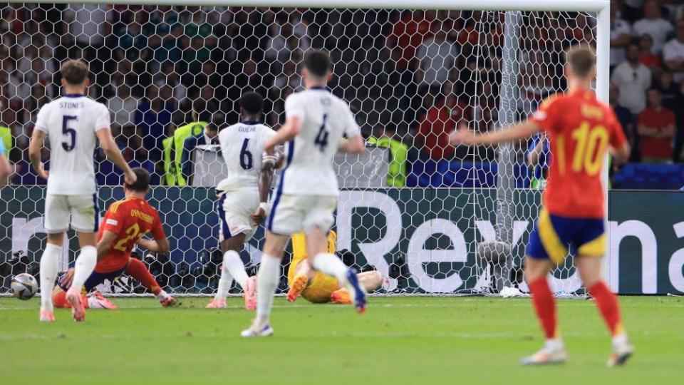 Mikel Oyarzabal scores the winner against England for Spain in the final of Euro 2024