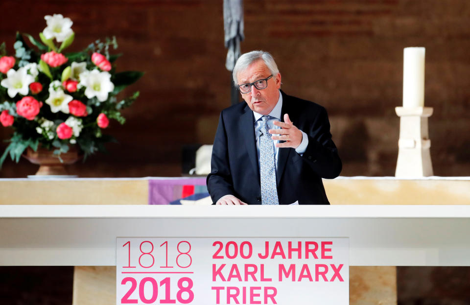 European Commission President Jean-Claude Juncker delivering a on Karl Marx in Germany today (Reuters)