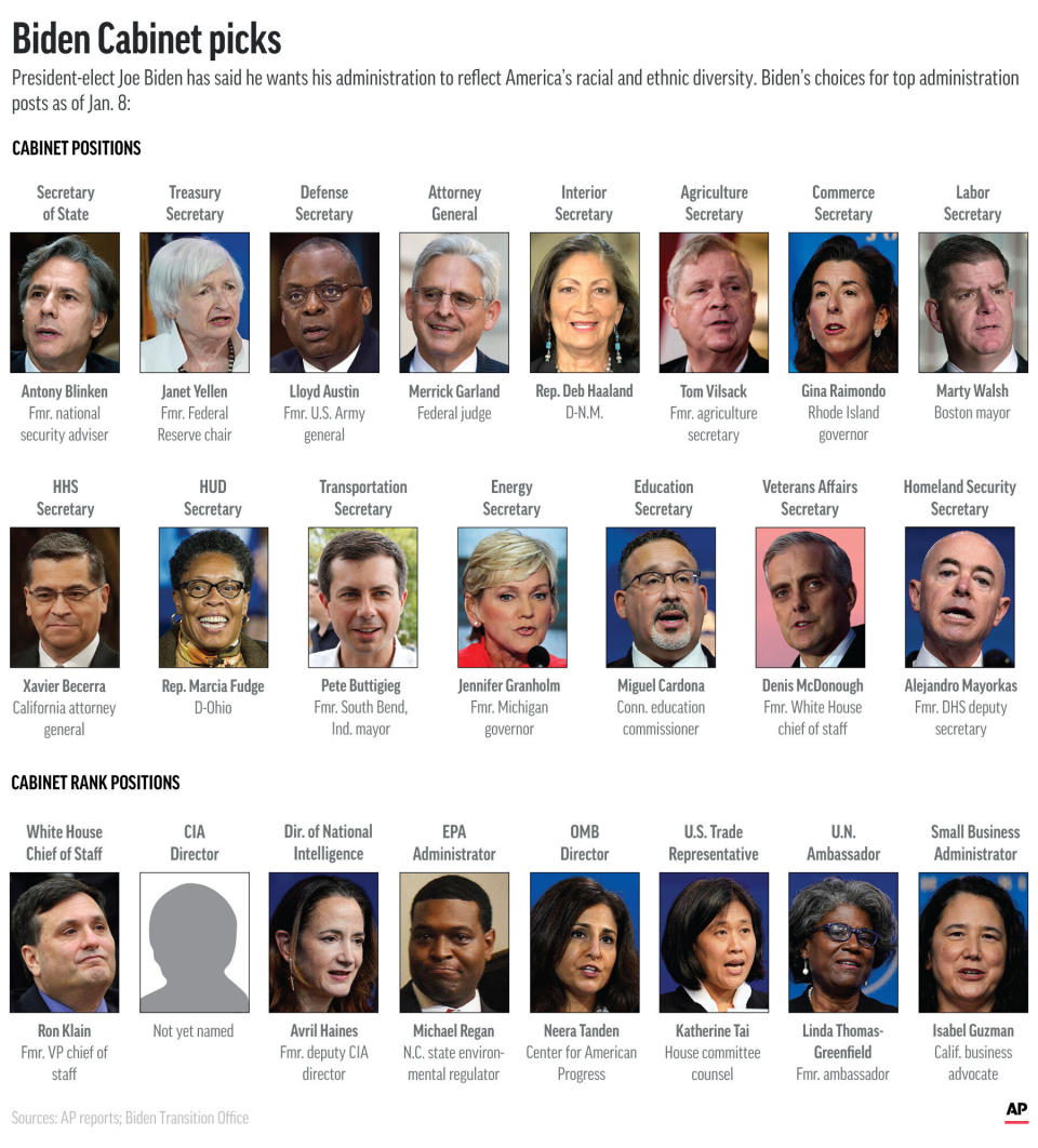 President-elect Joe Biden’s Cabinet and Cabinet-level picks. (AP Graphic)