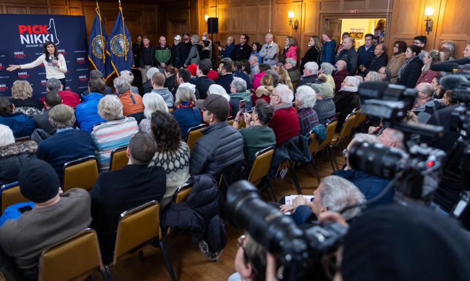 Former United Nations Ambassador Nikki Haley speaks to guests during a rally at the Peterborough Town Hall on Saturday, Jan. 20, 2024, in Peterborough, New Hampshire.