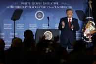 President Donald Trump applauds as he and the crowd acknowledge student scholars, while speaking at the 2019 National Historically Black Colleges and Universities (HBCU) Week Conference, Tuesday, Sept. 10, 2019, in Washington. The students were part of a HBCU White House Scholars program. (AP Photo/Jacquelyn Martin)