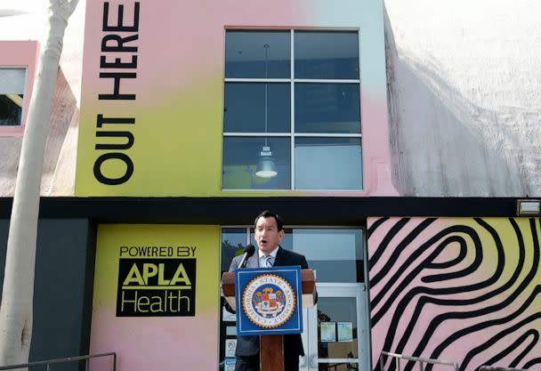 PHOTO: California State Assembly Speaker Anthony Rendon talks during a news conference at Out Here Sexual Health Center in the Baldwin Hills section of Los Angeles, July 20, 2022. (Richard Vogel/AP)