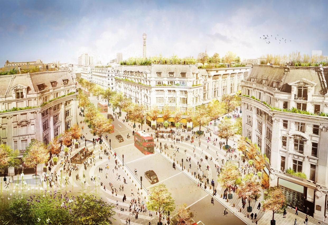 Artist impression showing future transformation of Oxford Circus with traffic continuing on Regent Street and two new piazzas on Oxford Street (Supplied)
