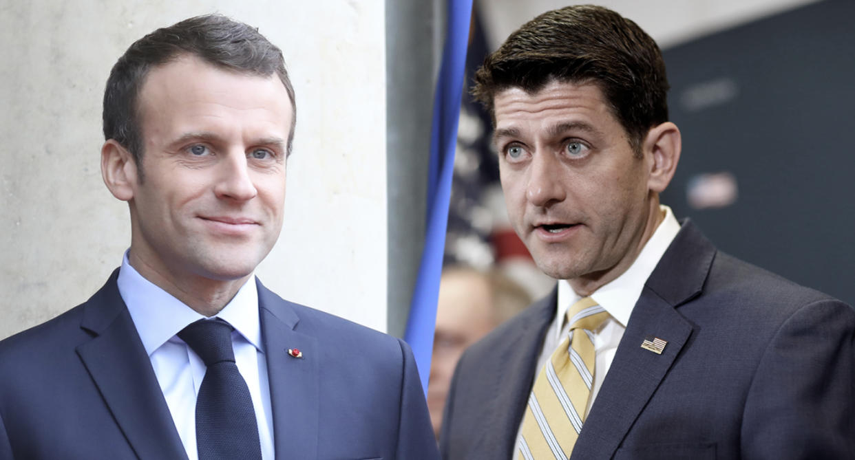 Emmanuel Macron, left; Paul Ryan (Photos: Ludovic Marin/AFP/Getty Images, Joshua Roberts/Reuters)