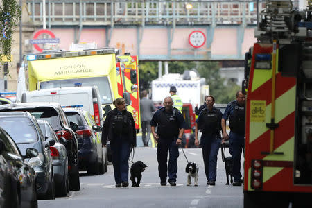 Police officers walk with dogs after an incident at Parsons Green underground station in London, Britain, September 15, 2017. REUTERS/Luke MacGregor