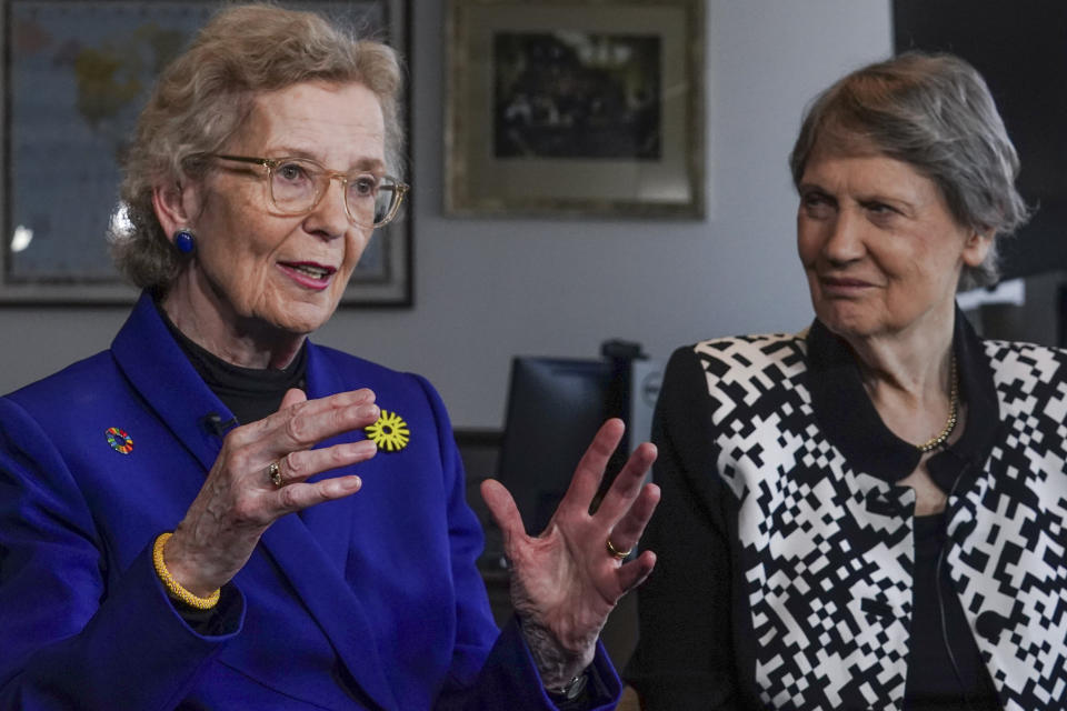Former Irish President Mary Robinson, left, and former New Zealand Prime Minister Helen Clark, both members of Elders, "an independent group of global leaders working for peace, justice, human rights and a sustainable planet" founded by Nelson Mandela in 2007, hold an interview to discuss the group's progress, Wednesday Sept. 20, 2023, in New York. (AP Photo/Bebeto Matthews)