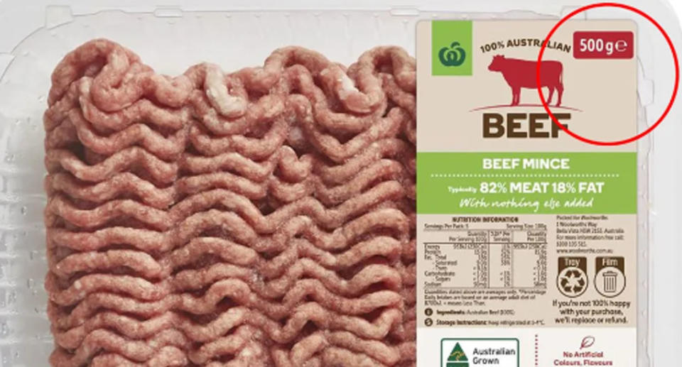 Woolworths minced meat 'e' symbol. 