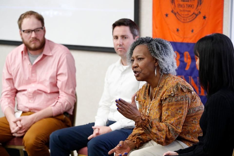 Jannie Everette, president and CEO of the Thiokol Memorial Project, talks about the 1971 chemical explosion that killed 29 people in Woodbine Georgia, during a panel discussion on Wednesday March 29, 2023 at Savannah State University.