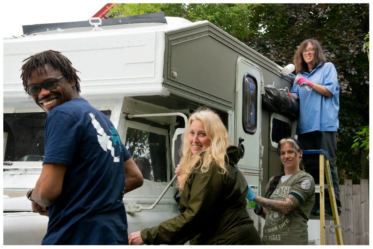 Dayo Osinubi, research officer, Sacha Dench, Melanie Arsenault, expedition researcher and Charlotte O’Neill research volunteer (Conservation Without Borders/ Jason Monteil/PA)