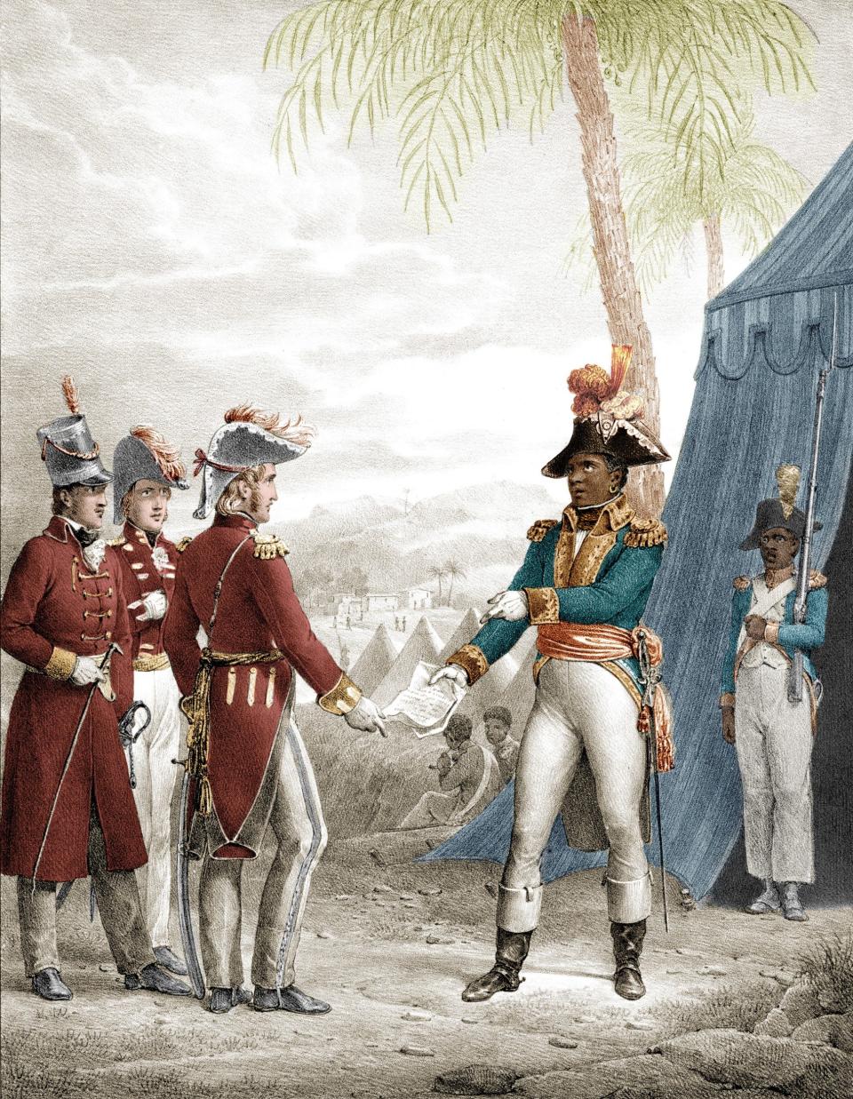An illustration of English General Thomas Maitland and Haitian revolutionary Toussaint L'Ouverture as they sign a treaty in March 1798 - Science Source/Photo Researchers History/Getty Images
