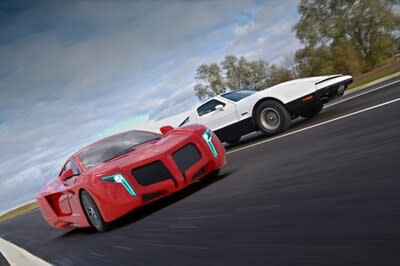 Two pioneering Bricklin cars 50 years apart: the sporty red 2024 pure-electric Bricklin 3EV and the 1974 Bricklin SV-1 (Safety Vehicle 1) sports car. (PRNewsfoto/Visionary Vehicles, Inc.)