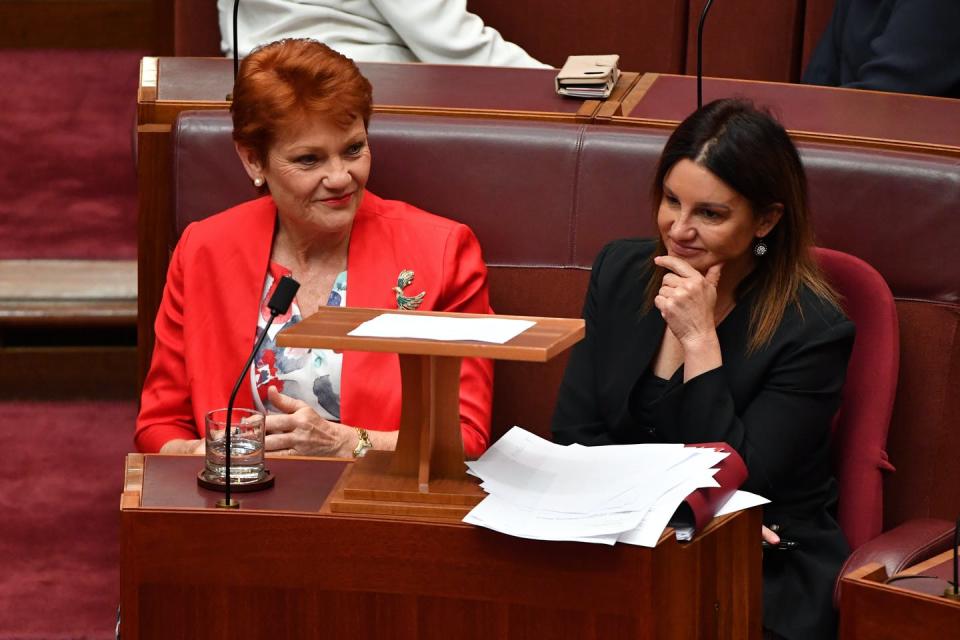 <span class="caption">Pauline Hanson and Jacqui Lambie say on senate crossbench together during the last parliament.</span> <span class="attribution"><span class="source">Mick Tsikas/AAP</span></span>