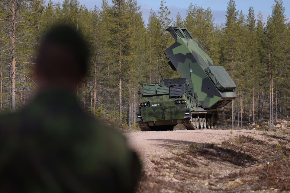 ROVANIEMI, FINLAND - MAY 23: An M270 MLRS heavy rocket launcher of the Finnish military participates in the LIST 22 live-fire Lightning Strike military exercises at the Rovajärvi training grounds on May 23, 2022 near Rovaniemi, Finland. Finland, after decades of neutrality, is applying along with Sweden for membership in the NATO military alliance as a consequence of Russia's military invasion and ongoing war in Ukraine. Russia, which shares a 1,340km long border with Finland, has reacted angrily to the move and has shut down all natural gas exports to Finland in response. (Photo by Sean Gallup/Getty Images)