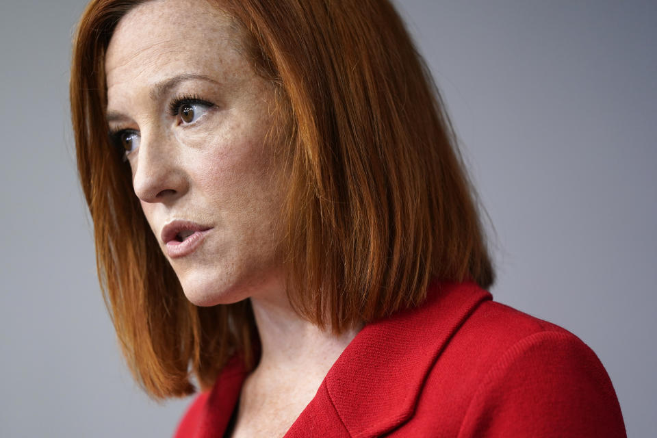 White House press secretary Jen Psaki speaks during a press briefing at the White House, Monday, April 12, 2021, in Washington. (AP Photo/Patrick Semansky)