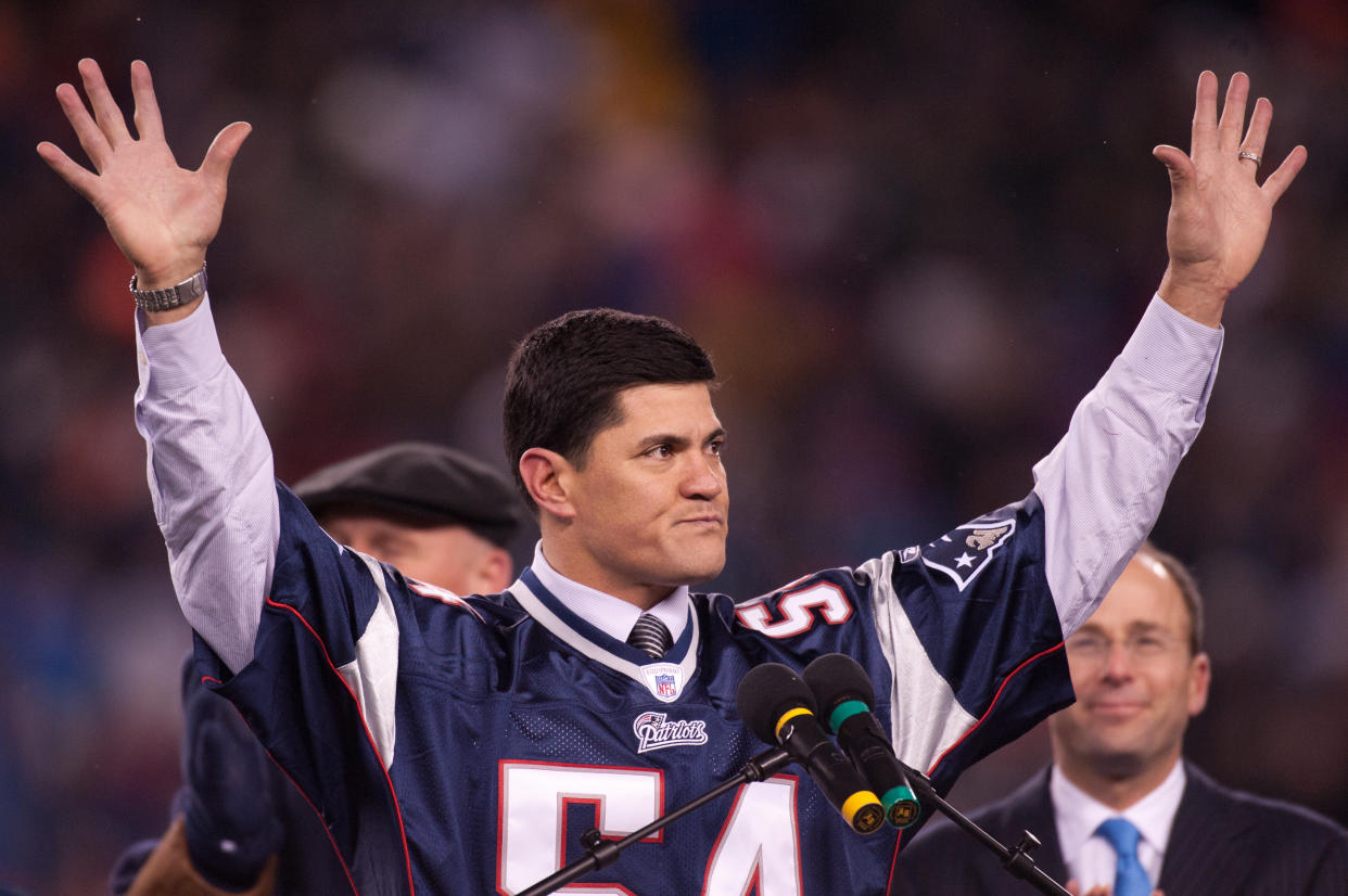 FOXBORO, MA - DECEMBER 06: Tedy Bruschi former player of the New England Patriots speaks to the crowd at halftime after being inducted in the Patriots ring of honor during the game against the New York Jets at Gillette Stadium on December 06, 2010 in Foxboro, Massachusetts. The Patriots defeated the Jets 45 to 3. (Photo by Rob Tringali/SportsChrome/Getty Images)