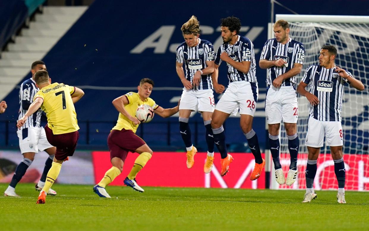 Burnley's Johann Berg Gudmundsson takes a free kick during the English Premier League soccer match between West Bromwich Albion and Burnley - EPA