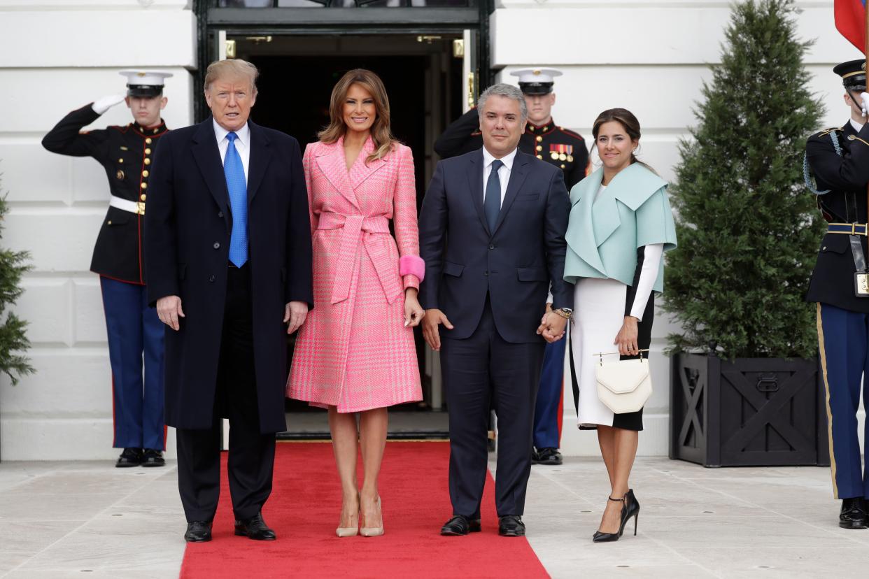 President Donald Trump and first lady Melania Trump welcome Colombian President Ivan Duque and his wife Maria Juliana Ruiz Sandoval to the White House.