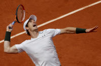 <p>Britain’s Andy Murray serves the ball to Croatia’s Ivo Karlovic during their third round match of the French Open tennis tournament at the Roland Garros stadium, May 27, 2016, in Paris. (AP Photo/Christophe Ena) </p>
