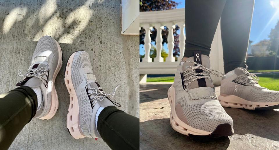 two photos of someone wearing running shoes outside
