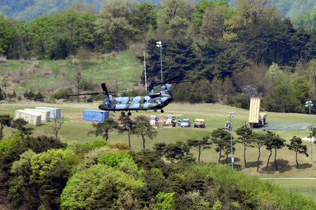 A Terminal High Altitude Area Defense (THAAD) interceptor (R) is seen in Seongju, South Korea, April 26, 2017. Lee Jong-hyeon/News1 via REUTERS