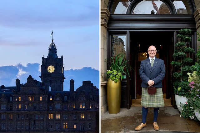 <p>Hayley Benoit</p> From left: The Balmoral Hotel clock tower; James Irvine, a staffer at the Balmoral.