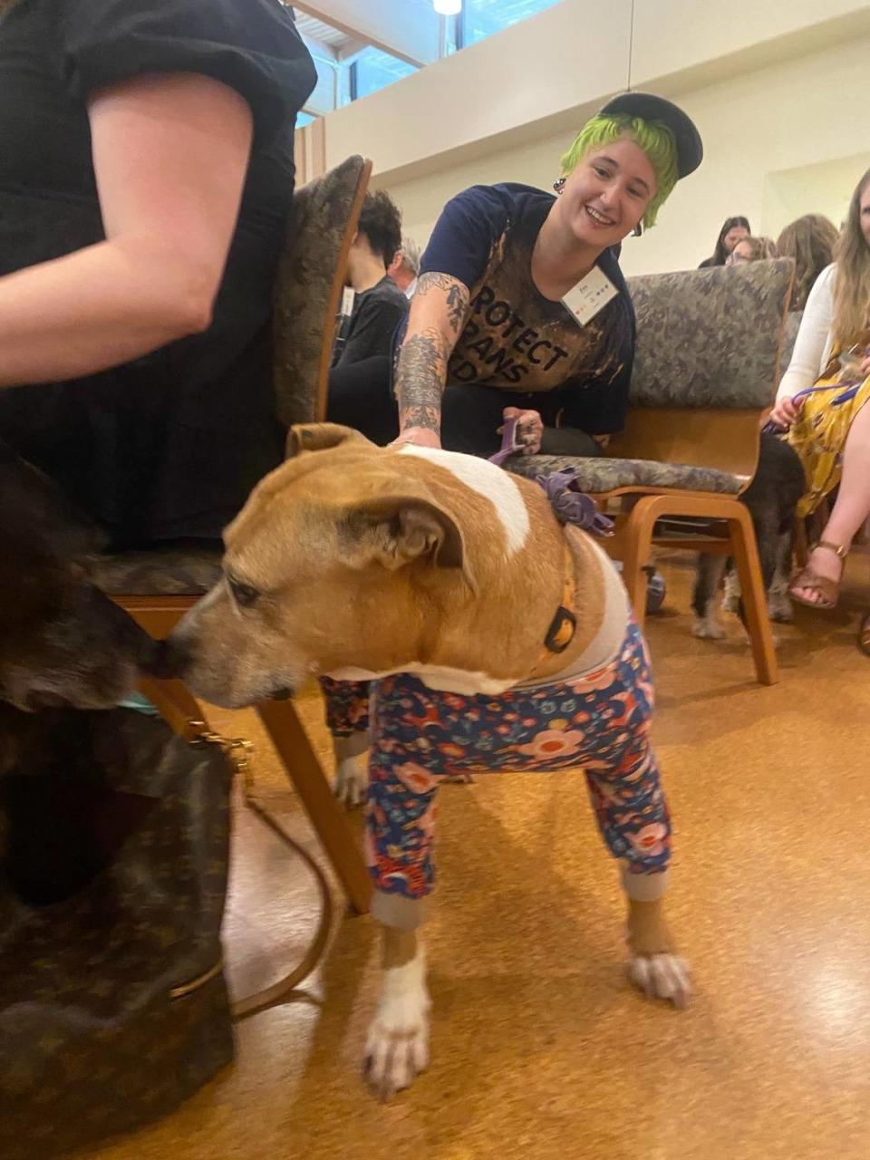 Emily Puertolas and Zinnia enjoy the blessing of the animals service at Unitarian-Universalist Fellowship of Raleigh