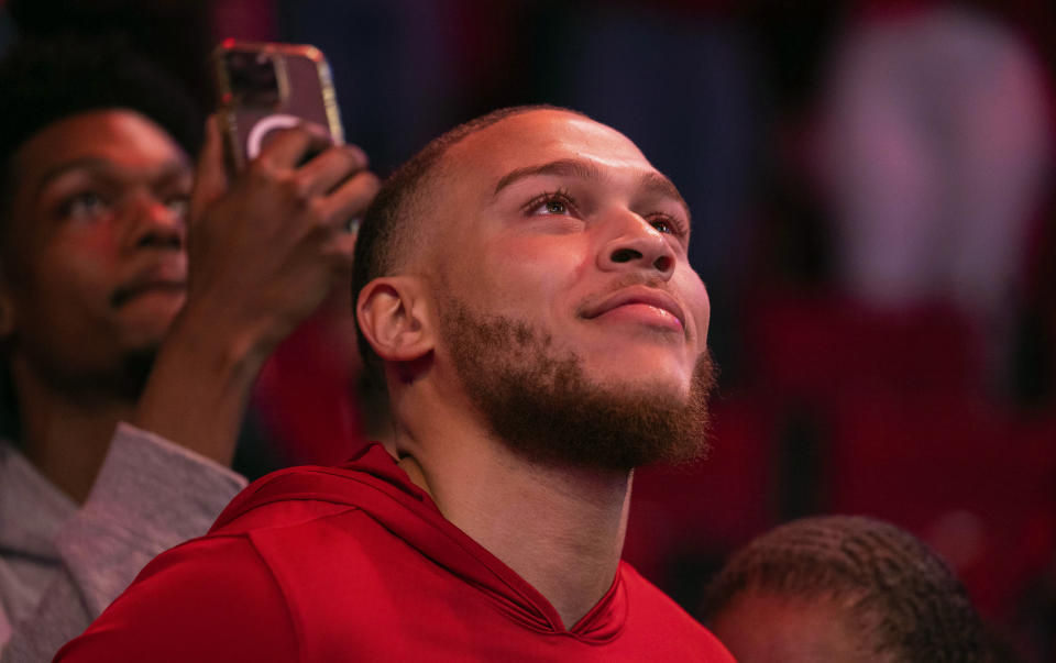 Nebraska's C.J. Wilcher watches a video play in honor of his career at Nebraska during senior day festivities before playing against Rutgers in an NCAA college basketball game Sunday, March 3, 2024, in Lincoln, Neb. (AP Photo/Rebecca S. Gratz)