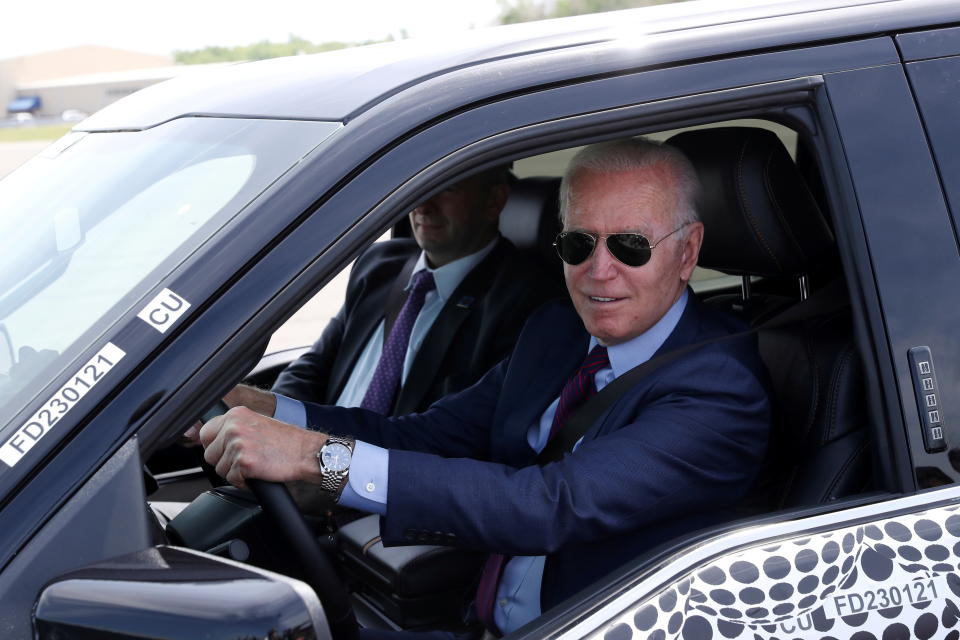 U.S. President Joe Biden test the new Ford F-150 lightning truck as as he visits VDAB at Ford Dearborn Development Center in Dearborn, Michigan, U.S., May 18, 2021.  REUTERS/Leah Millis