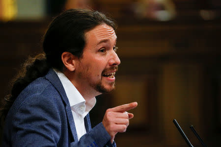 FILE PHOTO: Podemos leader Pablo Iglesias speaks during a motion of no confidence debate in parliament in Madrid, Spain, June 13, 2017. REUTERS//File Photo