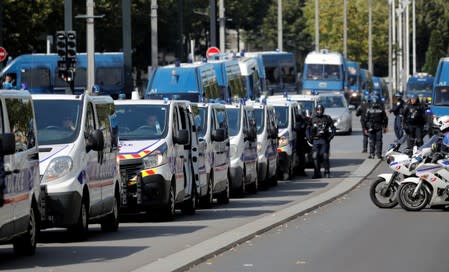 French gendarme and police are pictured during a demonstration on Act 44 (the 44th consecutive national protest on Saturday) of the yellow vests movement in Nantes