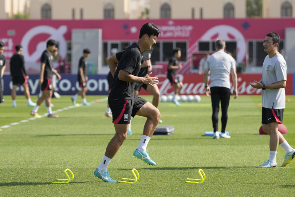 South Korea's Kwon Kyung-won warms up during the South Korea's official training on the eve of the World Cup round of 16 soccer match between Brazil and South Korea at the Al Egla Training Site 5 in Doha, Qatar, Sunday, Dec. 4, 2022. (AP Photo/Lee Jin-man)