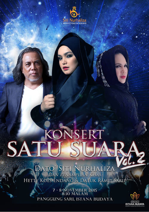 Siti Nurhaliza is set to perform with Indonesia singer Hetty Koes Endang and Singaporean rocker Datuk Ramli Sarip at her "Konsert Satu Suara Vol.2".