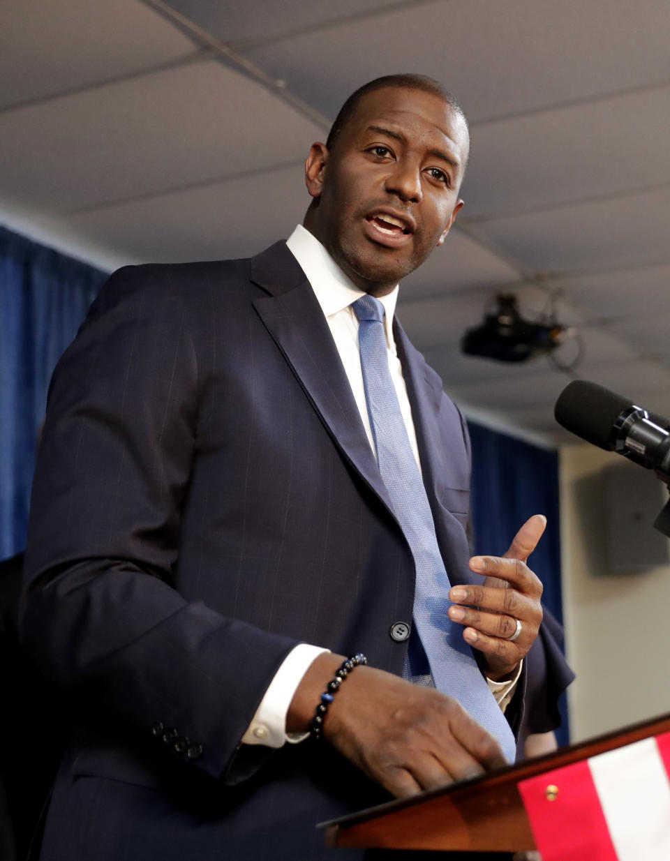 Florida Democratic gubernatorial candidate Andrew Gillum speaks to supporters during a Democratic Party rally Friday, Aug. 31, 2018, in Orlando, Fla. (AP Photo/John Raoux)