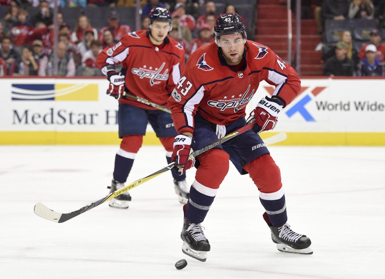 Washington Capitals right wing Tom Wilson has seen a fantasy boost since moving to the team’s top line. (AP Photo/Nick Wass)