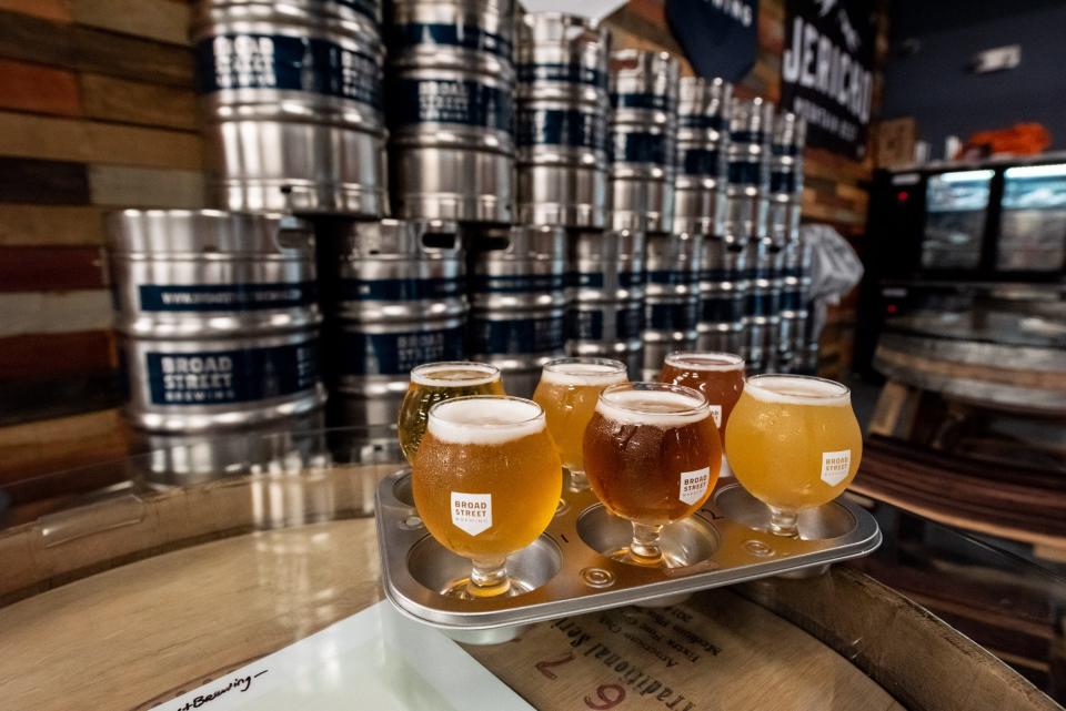 A beer flight at Broad Street Brewing allows customers a chance to try a variety of craft beers at the taproom, many of which carry Philly-inspired names, including Independence Lager and Hey Yo, a New England Hazy IPA.