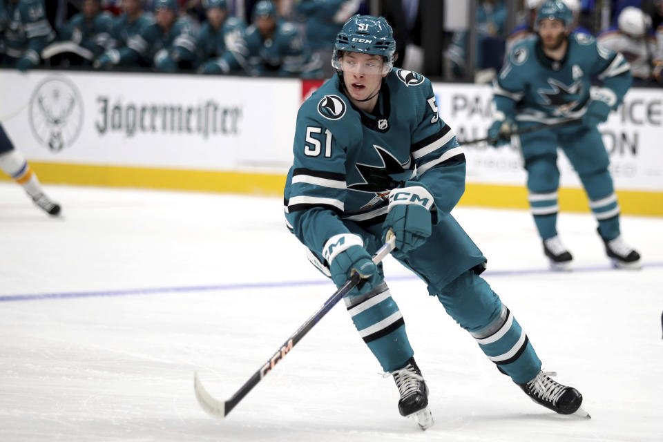 San Jose Sharks right wing Collin Graf skates in the first period against the St. Louis Blues in an NHL hockey game in San Jose, Calif., Saturday, April 6, 2024. (AP Photo/Scot Tucker)
