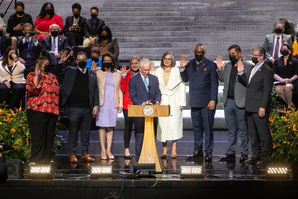 Council President Paul Krekorian administers the oath of office for the Los Angeles City Council.