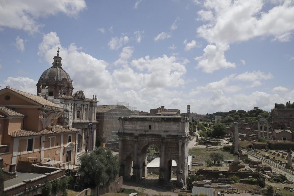 A view of the Roman Forum archaeological area, which is still closed following the measures to curb the spread of COVID-19, in Rome, Tuesday, May 19, 2020. Italy’s museums were allowed to open on Monday, but many are waiting till anti-contagion measures can be put into place. (AP Photo/Alessandra Tarantino)