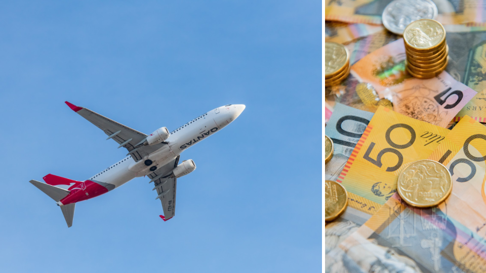 Qantas plane in the air. Australian money notes.