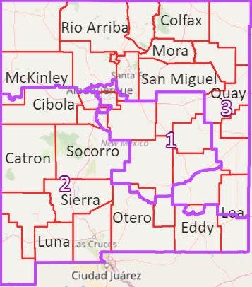 A map of New Mexico's three congressional districts