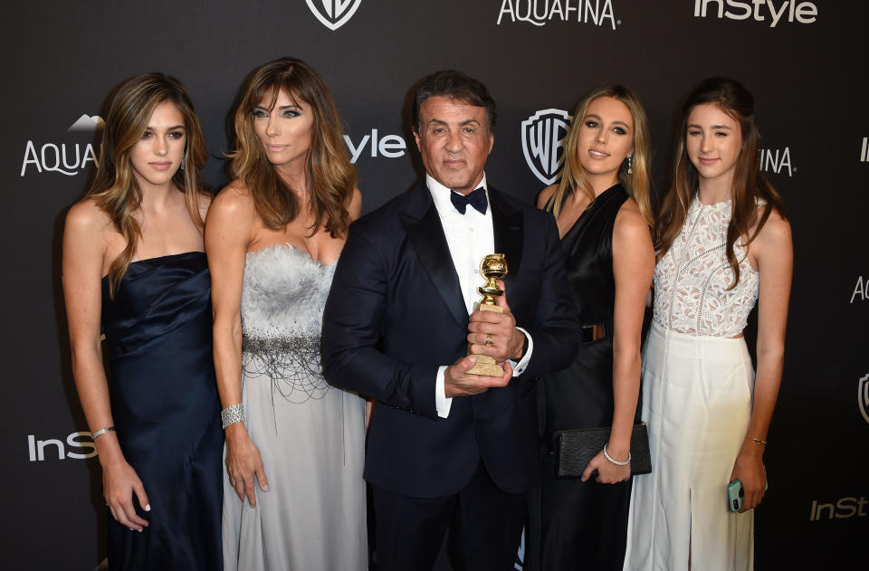 Actor Sylvester Stallone and his family attend the 2016 InStyle And Warner Bros. 73rd Annual Golden Globes after party, in Beverly Hills, California, on January 10, 2015. AFP PHOTO / Mark Ralston / AFP / MARK RALSTON        (Photo credit should read MARK RALSTON/AFP via Getty Images)