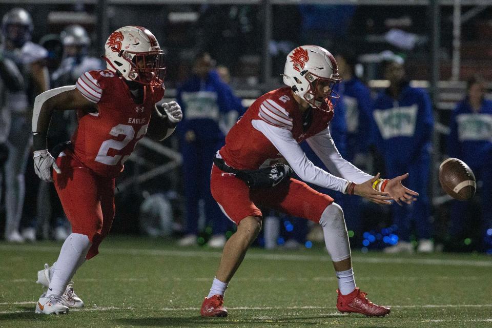 Smyrna freshman Drew Marks (2) is ready to catch the ball during the Smyrna vs. St. Georges football game at Smyrna High, Friday, Nov. 3, 2023. Smyrna won 48-35.