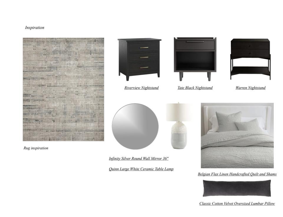 mood board with dark furniture and light rug