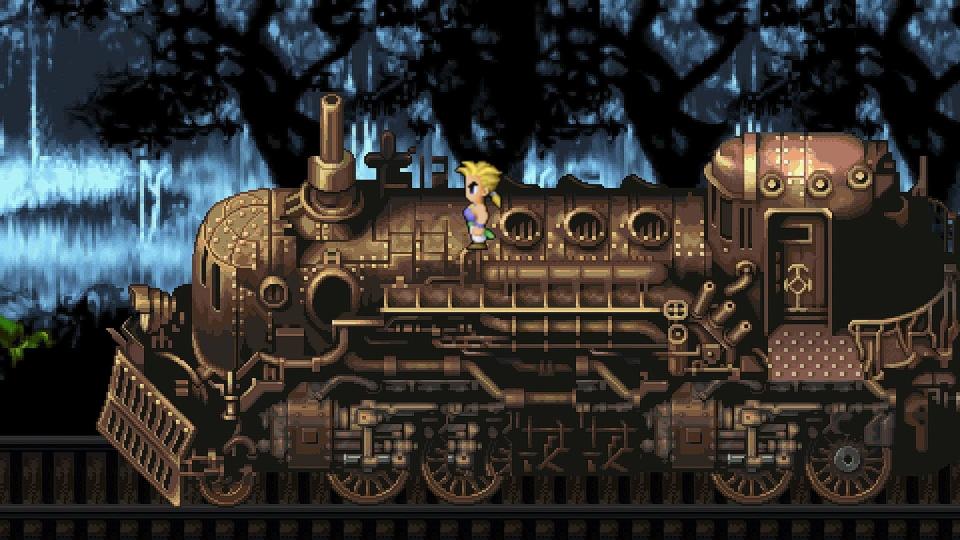 A character standing on a train in Final Fantasy 6