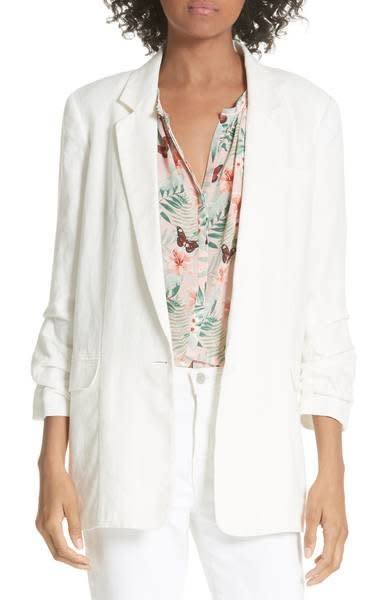 Get it <a href="https://shop.nordstrom.com/s/joie-kishina-ruched-sleeve-linen-blazer/4966323?origin=keywordsearch-personalizedsort&amp;fashioncolor=PORCELAIN" target="_blank">here</a>, $278.