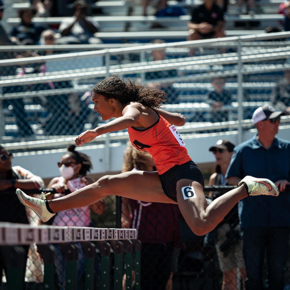 Rome Free Academy's Imani Pugh competes in the 100m hurdles during the 2022 NYSPHSAA Outdoor Track and Field Championships in Syracuse on Friday, June 10, 2022.