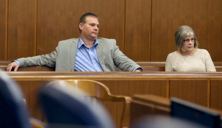 Ken Puffenbarger, brother of the slain Charlene Puffenbarger, sits next to his mother Phyllis Puffenbarger during a pretrial hearing before Judge Joy Oldfield on Tuesday, Jan. 17, 2017. (Phil Masturzo/Akron Beacon Journal)