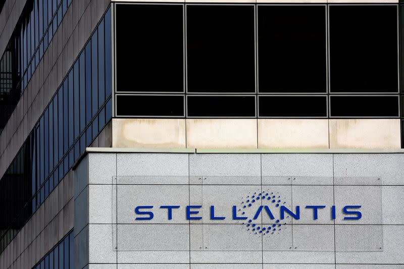 FILE PHOTO: Stellantis logo is seen on the company's headquarters in Poissy near Paris