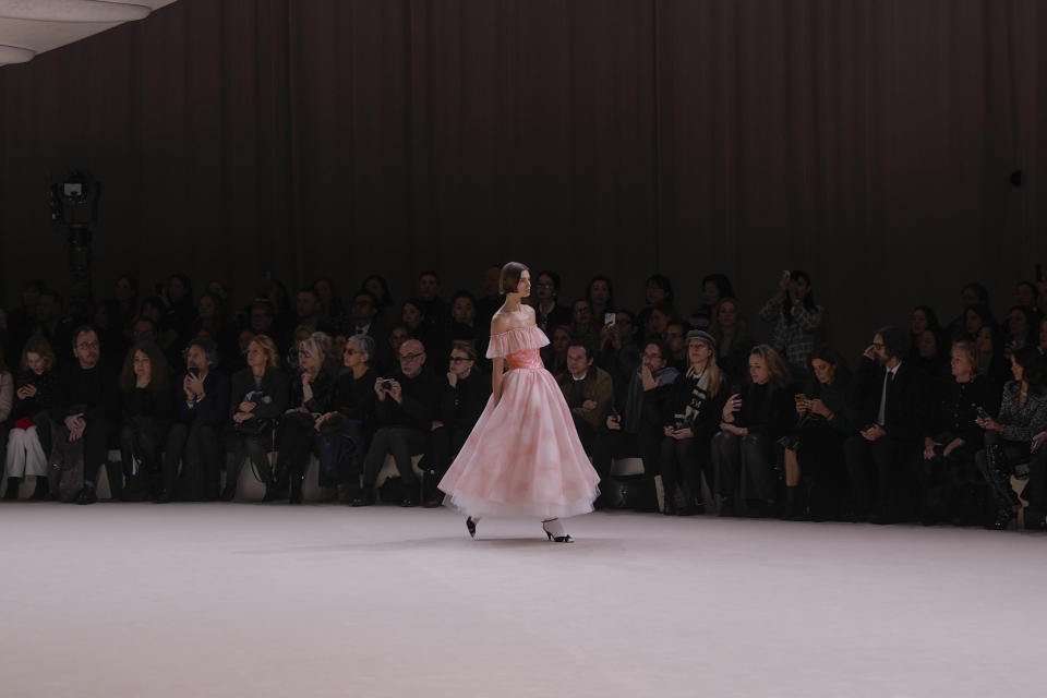 A model wears a creation for Chanel as part of the Haute Couture Spring-Summer 2024 collection presented in Paris, Tuesday, Jan. 23, 2024. (AP Photo/Thibault Camus)