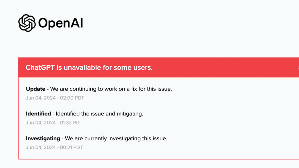 An OpenAI status page showing issues with ChatGPT